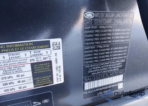 2020 Land Rover Range Rover P525 Hse z USA, uszkodzony, nr VIN SALGS2SE3LA570160